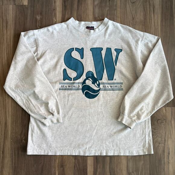 Vintage 1990s Sea World T-Shirt Men's Size L Long Sleeve Gray Orca Killer Whale - Picture 3 of 7